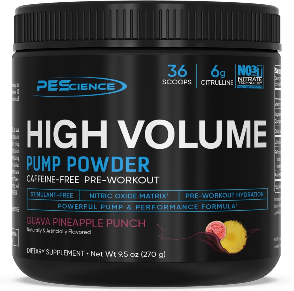 PEScience Poudre de pompe à oxyde nitrique à haut volume sans Stim-Free avec Nitrate L Citrulline et L Arginine, Pré-entraînement non Stim pour les hommes et les femmes, 36 Scoops, Punch Guava Ananas