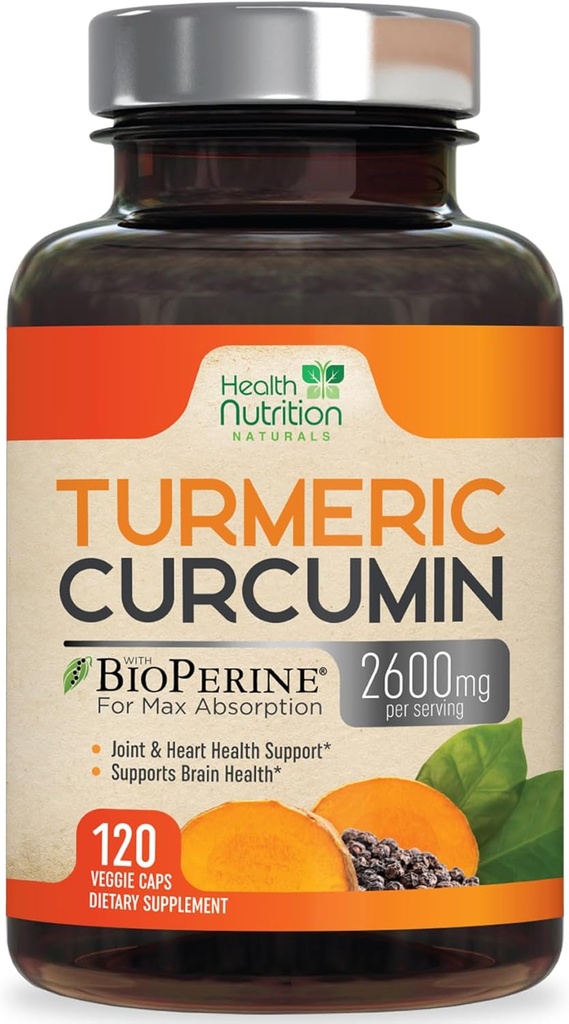 Curcumine curcumine supplément 2600mg - 95% Curcuminoides avec curcuma biologique et poivre noir BioPerine pour la meilleure absorption, support de joint végétalien de la nature, Tumérium non OGM, mis en bouteille aux États-Unis - 120 Capsules
