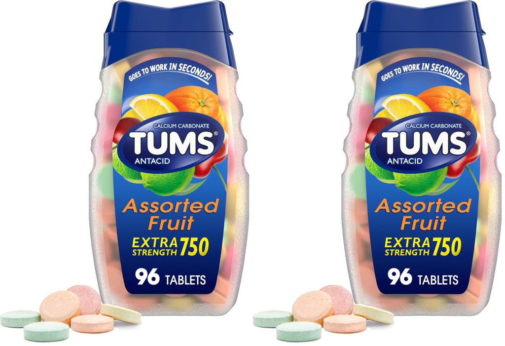 TUMS Comprimés antiacides extra-forts pour le soulagement des brûlures d'estomac et le soulagement de l'indigestion acide, arômes de fruits assortis - 96 Nombre (paquet de 2)