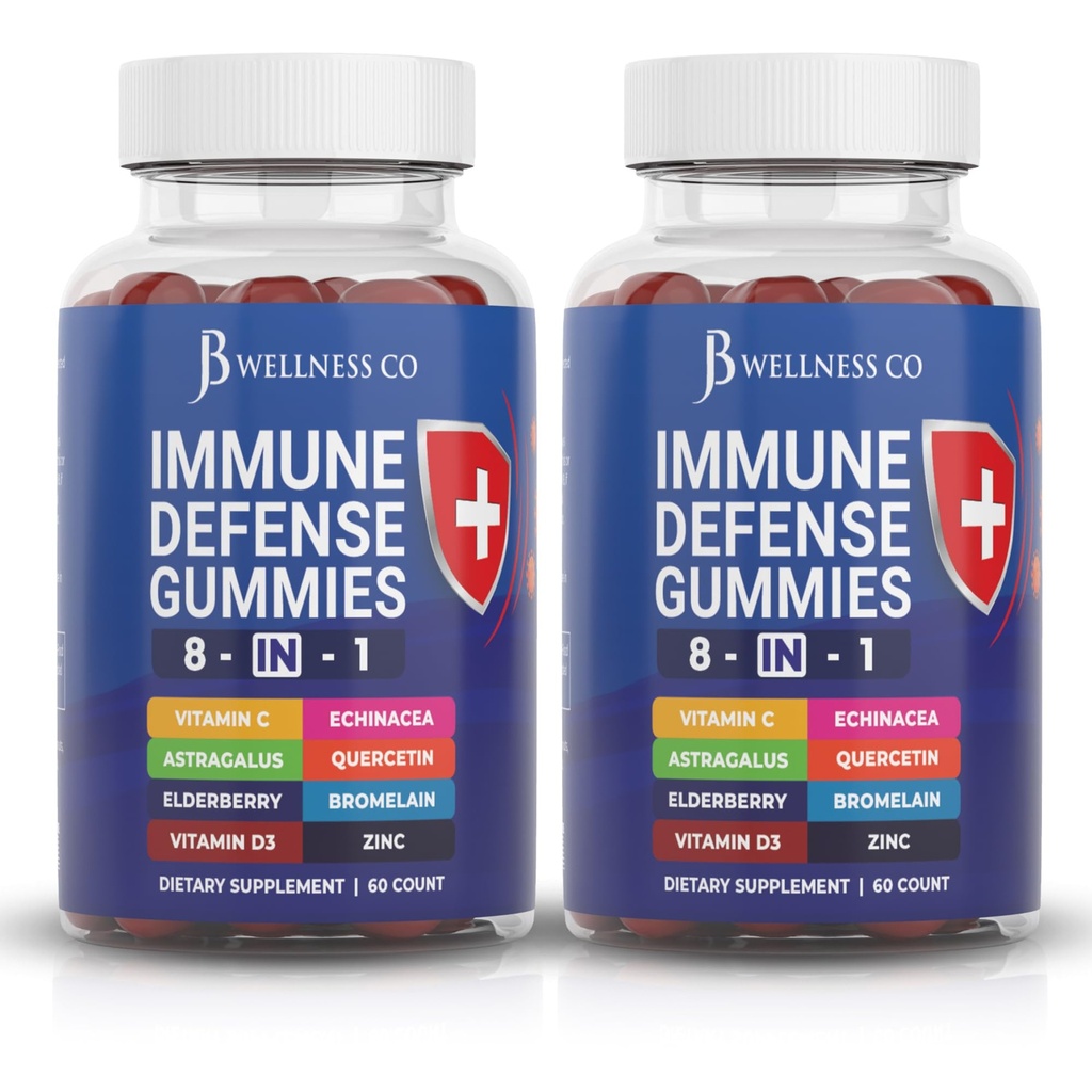 8 en 1 supplément de booster de défense immunitaire Gommies avec racine d'Astragalus, vitamine C et zinc, vitamine D3, Elderberry et Quercetin (2 pack)
