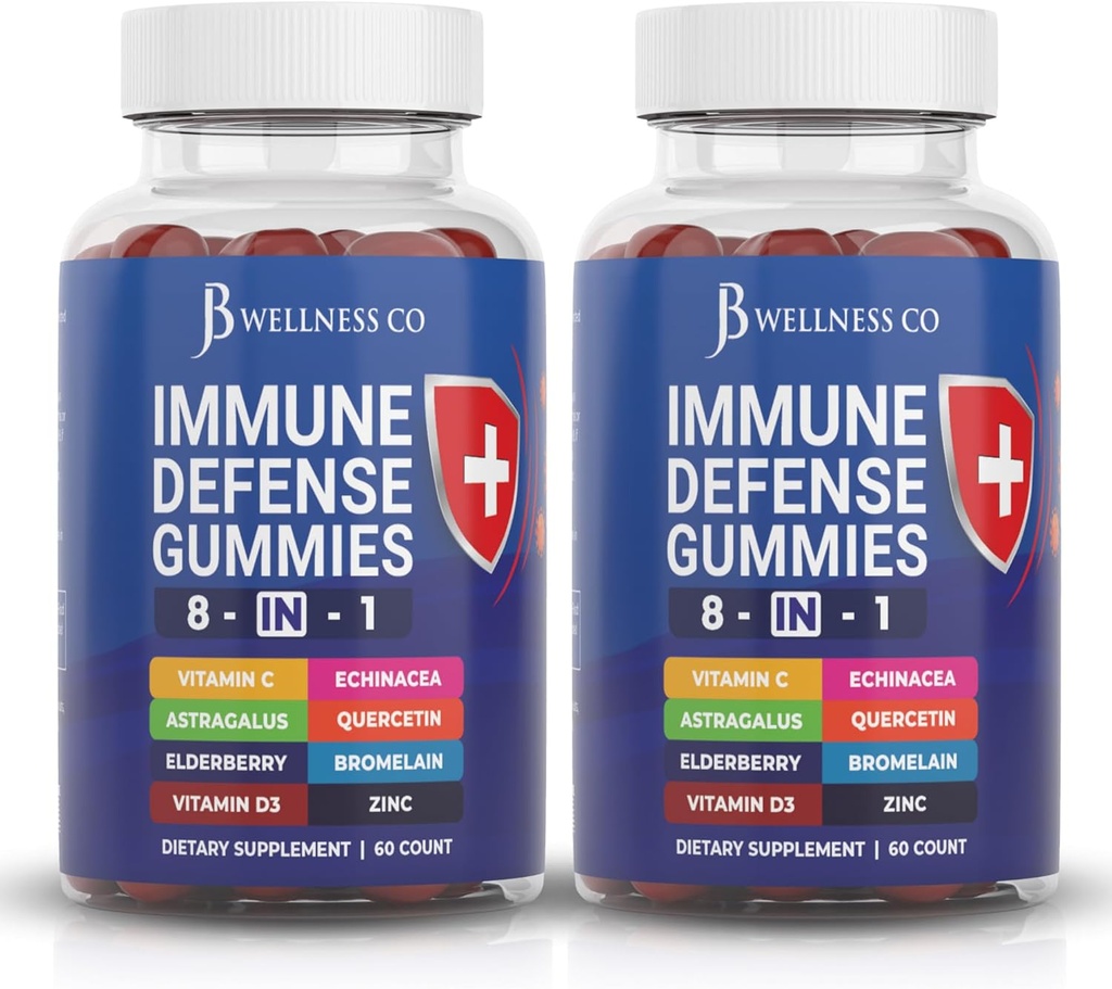 8 en 1 supplément de booster de défense immunitaire Gommies avec racine d'Astragalus, vitamine C et zinc, vitamine D3, Elderberry et Quercetin (2 pack)