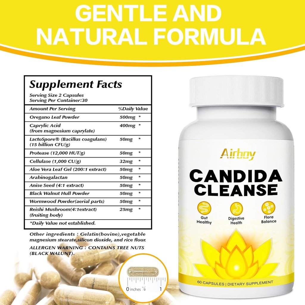 Airboy Candida Cleanse, Gut Colon Cleanse Detox pour les femmes et les hommes,Candi Support avec feuille d'origan, acide caprylique, bois, noix noires-60 comtes