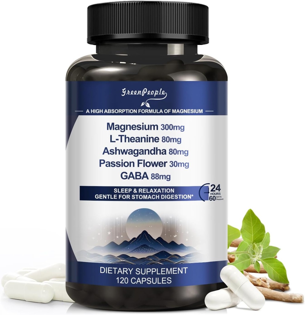 GREENPEOPLE Triple Magnésium Complex de 300mg Supplément de magnésium pour le sommeil de 8-en-1 Formule avec/Ashwagandha/L-Theanine/GABA Soutien reposant pour les hommes et les femmes - Vegan, haute absorption - 120 CT