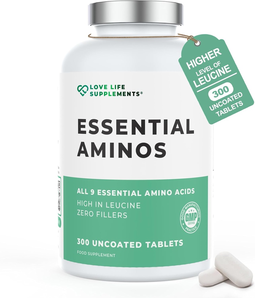 Acides aminés essentiels - 300 comprimés faciles à avaler / 60 portions - Tous les 9 acides aminés AEA avec tous les 3 BCAA's Plus 6 AAE supplémentaires pour construire et réparer le muscle, 5-10g par portion, haut à Leucine et végétalien