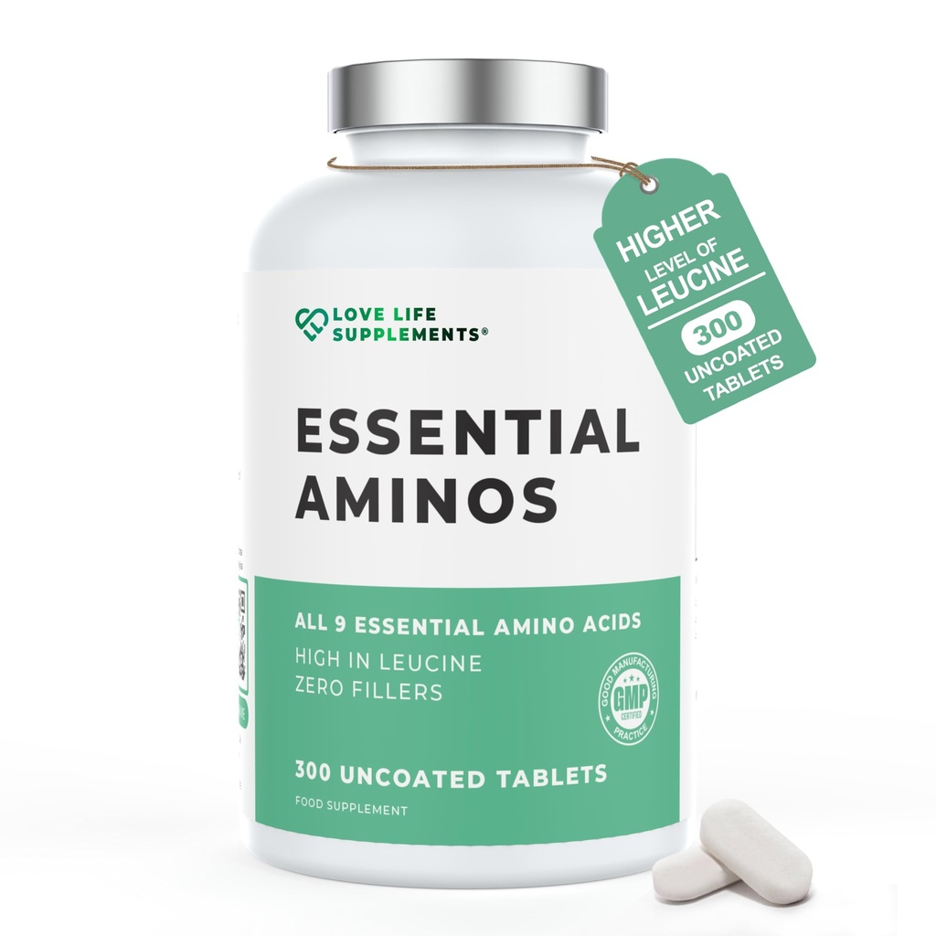 Love Life Supplements Essential Amino Acids, Full Spectrum EAA & BCAA Tablets for Muscle Recovery, 300 Vegan Pills (60 Servings), High Strength Free Form Supplement with Leucine, UK Made