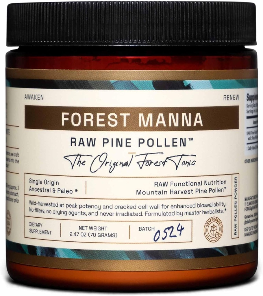 Poudre de pollen de pin de manne de forêt RAW – Nutrition fonctionnelle adaptogène – Pollen de pin d'origine unique – végétalien, sans gluten et sans OGM – 70 Gram Jar