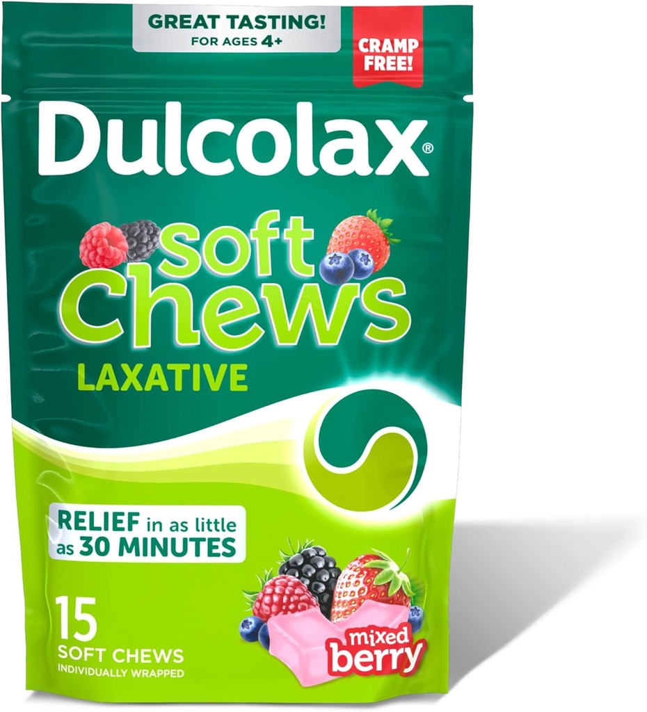 Dulcolax Saline Laxative Soft Chews, Gentle Constipation Relief, Mélange d'arôme de baie, hydroxyde de magnésium 1200 mg, 15 Compte