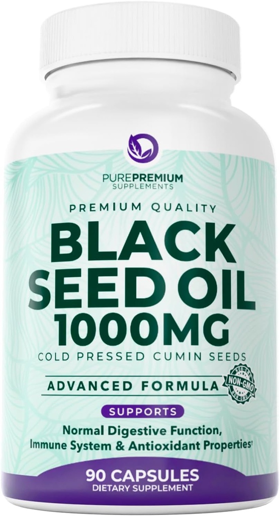 PurePremium Black Seed Oil 500mg - Bio Nigella Sativa Seeds, Cold Pressed Black Cumin Oil Extract - Supplément cheveux/peau pour hommes / femmes pack de 90 capsules