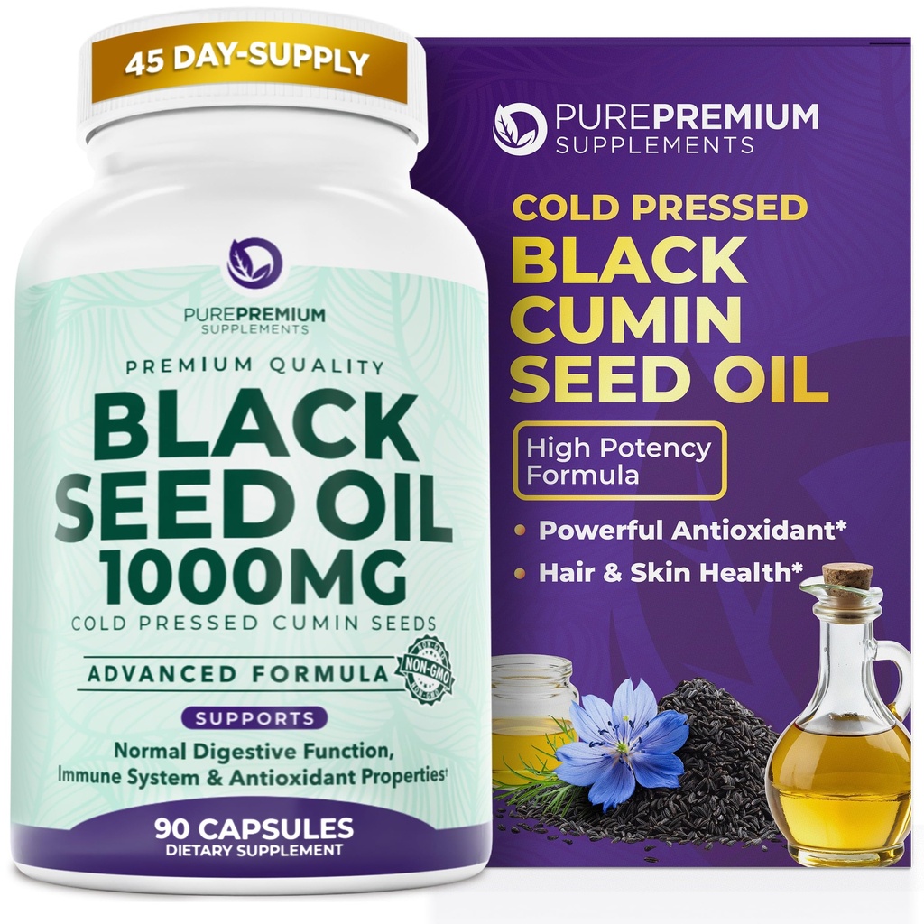 PurePremium Black Seed Oil 500mg - Bio Nigella Sativa Seeds, Cold Pressed Black Cumin Oil Extract - Supplément cheveux/peau pour hommes / femmes pack de 90 capsules