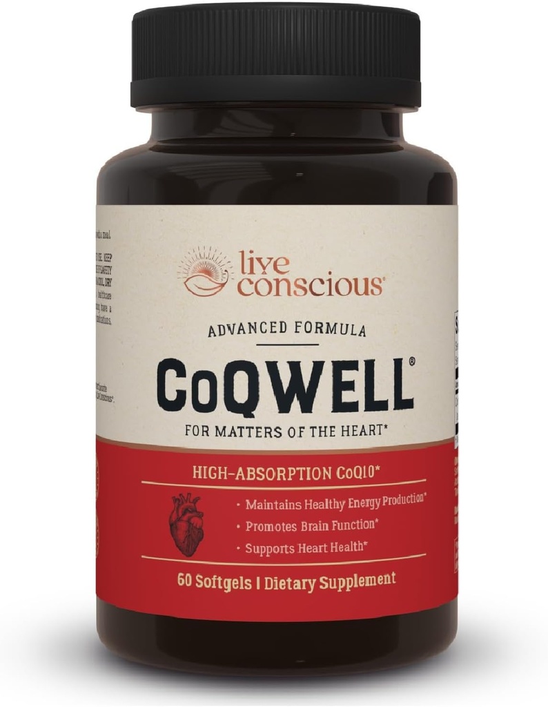 Live Conscious CoQWell - CoQ10 Heart, Brain, and Vascular Health Support, Coenzyme Q10 Ubiquinone - 60 Softgels - 60 Day Supply