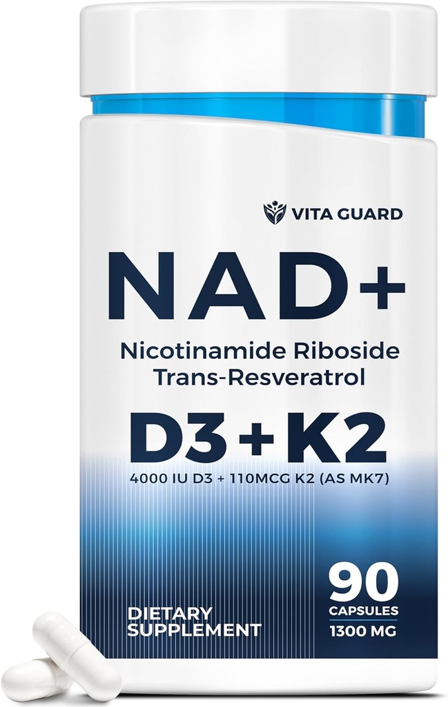 Supplément contre l'Aging Energy NAD – NMN Alternative avec Nicotinamide Riboside 1000mg, Trans-Resvératrol 300mg, Vitamine D3 4000 UI et K2 110 mcg MK7 – Végétarien 60 Capsules, 1300mg