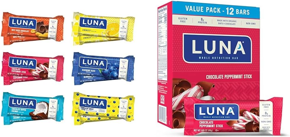 LUNA Bar Variety Pack (12 Count) + Chocolate Peppermint Stick (12 Pack) - Gluten-Free Snack Bars