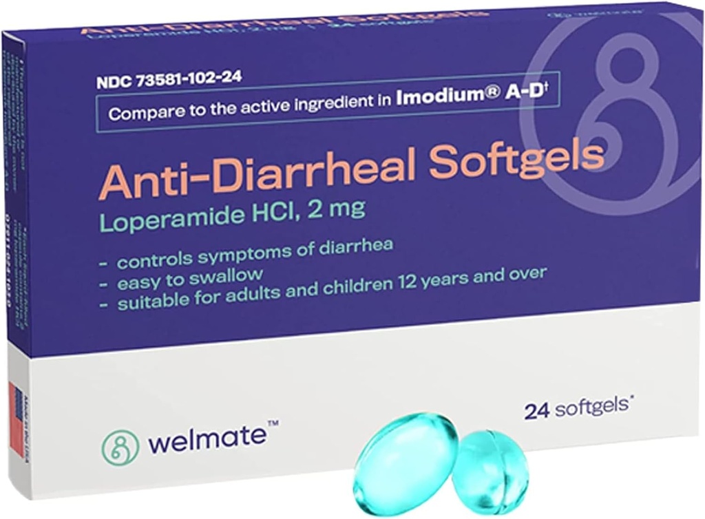 WELMATE - Softgels anti-diarrhéiques (24 Softgels) - Loperamide HCL 2 mg - Diarrhée Soulagement Symptôme - Relief estomac relevé - Anti-diarrhée Pilules - Sur-le-Counter Médicaments