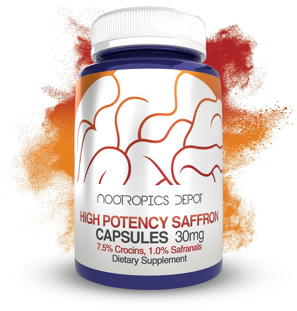 Nootropics Depot Capsules d'extrait de safran à haute puissance $ 30mg $ minimum 7,5% Crocines et 1% Safranals $ Crocus sativus $ 180 ct