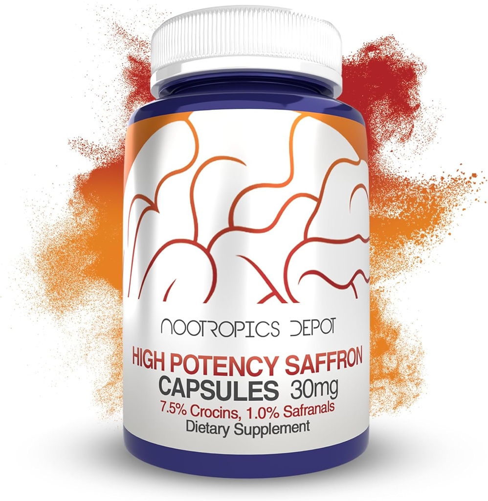 Nootropics Depot High Potency Saffron Extract Capsules | 30mg | Minimum 7.5% Crocins and 1% Safranals | Crocus sativus | 180 ct