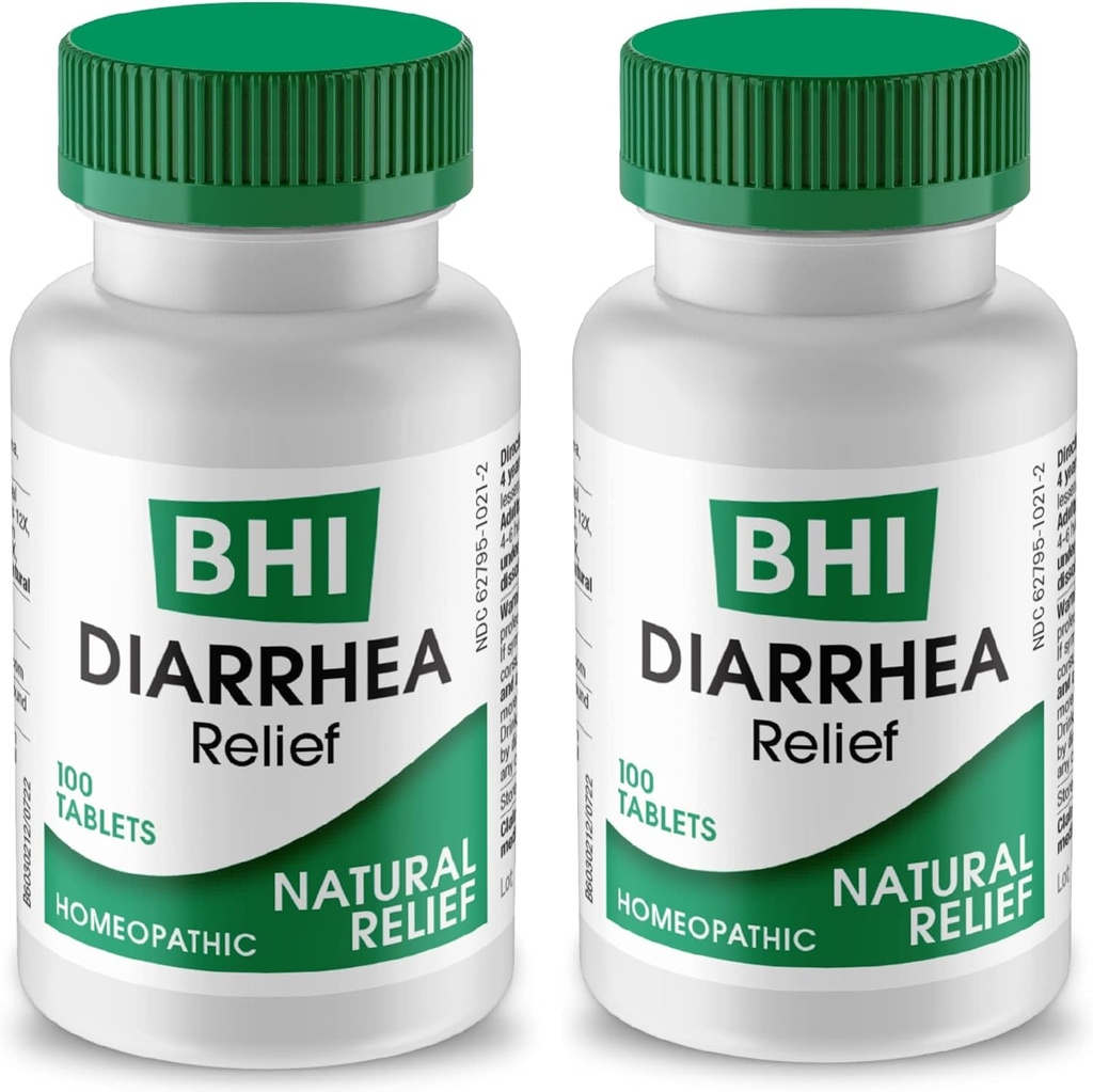 Soulagement de la diarrhée BHI Remède naturel à action rapide pour la diarrhée légère - 8 actifs homéopathiques apaisants aident à calmer l'estomac Ache, gaz et crampes pour les femmes et les hommes - 100 comprimés (paquet de 2)