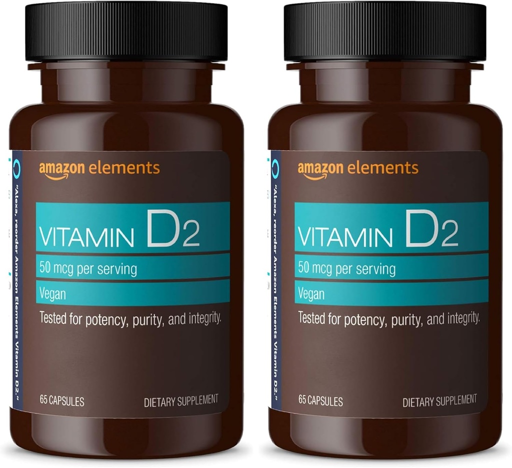 Éléments Vitamine D2 2000 UI, végétalien, 65 capsules, soutient les os forts et la santé immunitaire, 2 mois d'approvisionnement (paquet de mai) (paquet de 2)