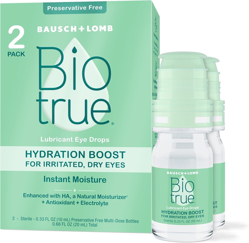 Biotrue Hydratation Boost, gouttes oculaires sans réserve pour les yeux secs, Hydratant instantanément, Réhydrate, Contact Lens Friendly, Rafraîchir et soulager l'irritation des yeux, 0.33 FL Oz (Pack de 2)