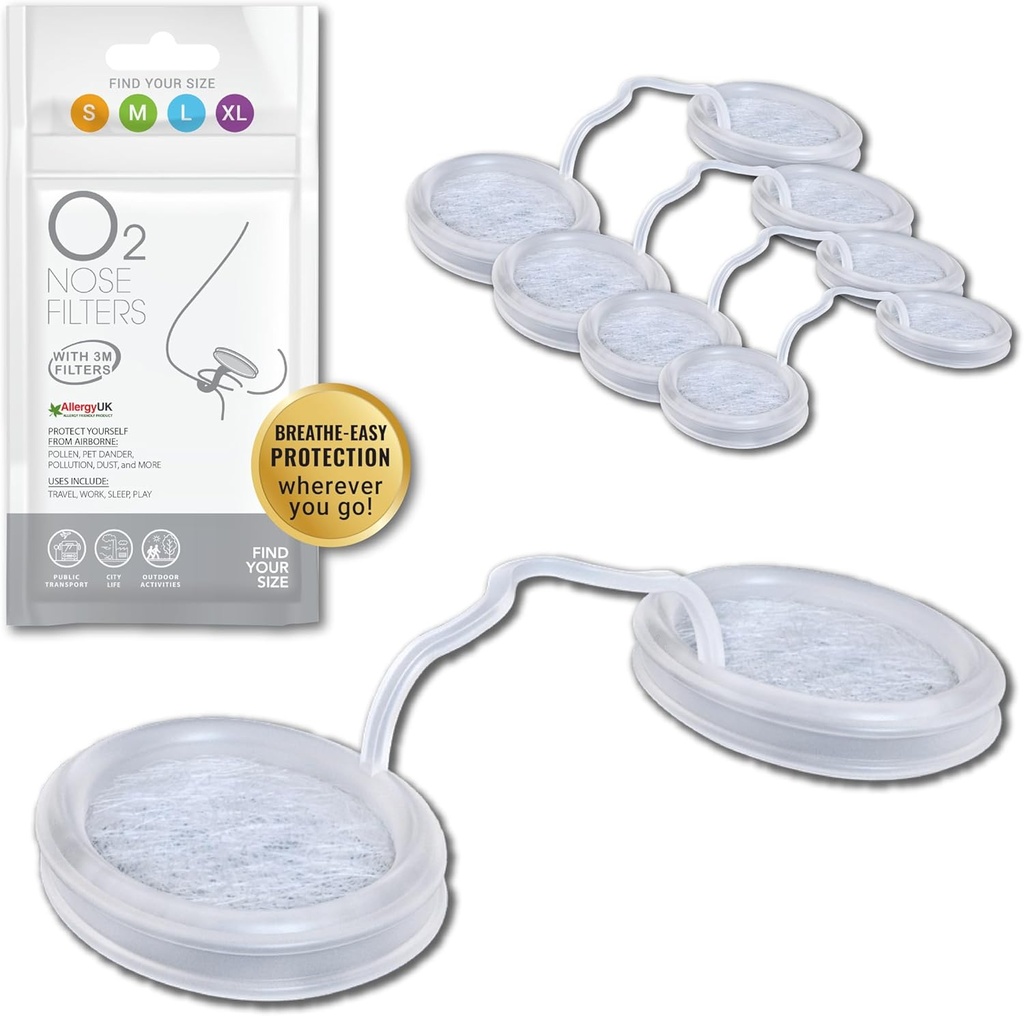 Filtres à Nez O2 avec Filtration 3M - Filtres à Nez pour Allergies - Filtre à Nasal pour Allergies - Masque à Poussière, Filtre à Fumée et Allergie (Trial Size, Pack de 4)