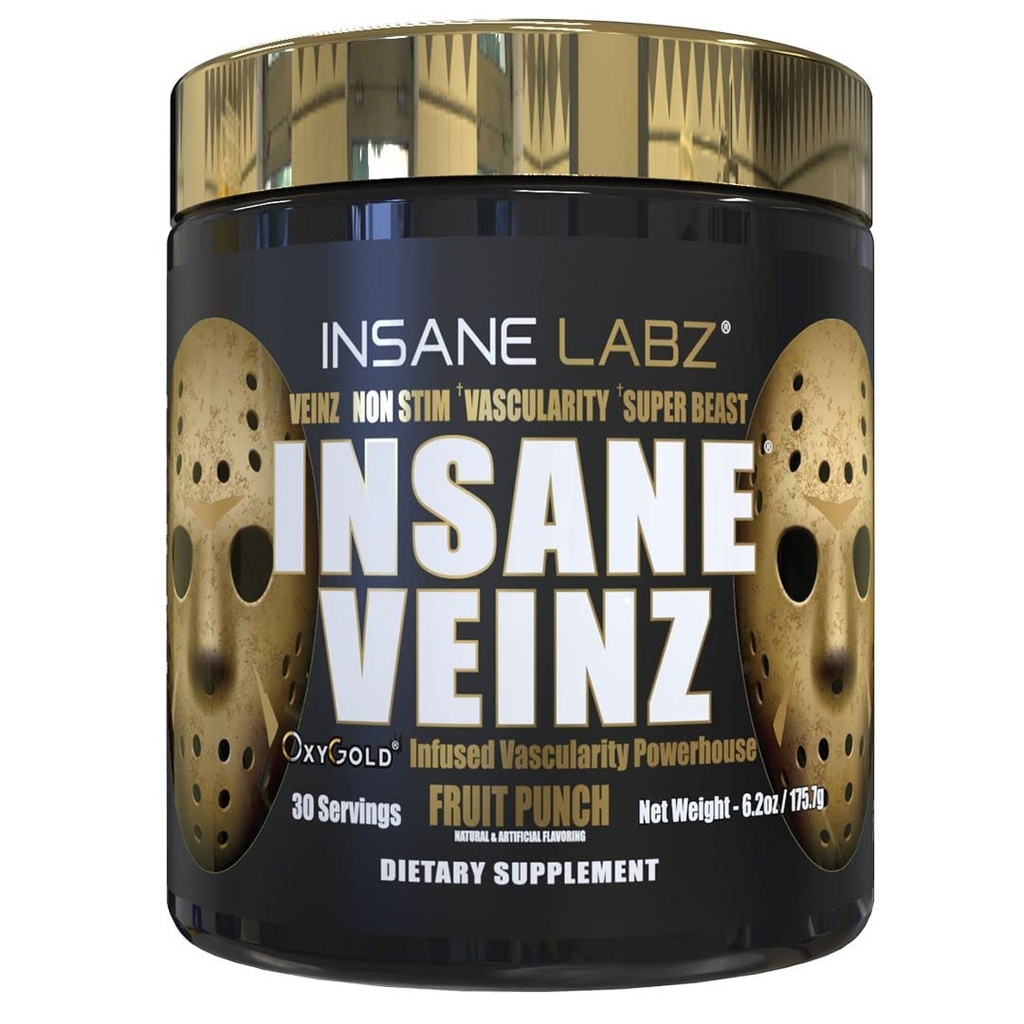 Insane Labz Insane Veinz Gold, Oxyde nitrique Poudre de pré-entraînement non stimulante, chargée d'hydromax, de nitrosigine, augmente la vasculaire et le flux sanguin, 30 Srvgs, punch fruit