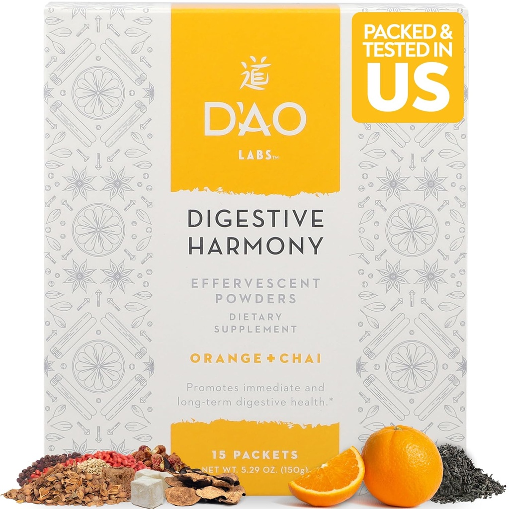 D'AO Labs Harmonie Digestive - Enzymes Digestives Biologiques - Herbes Traditionnelles Chinoises & Poudre de Chai - Arôme Orange-Chai - Préserver Harmony Décoction (Bao He Wan) - 15 portions individuelles