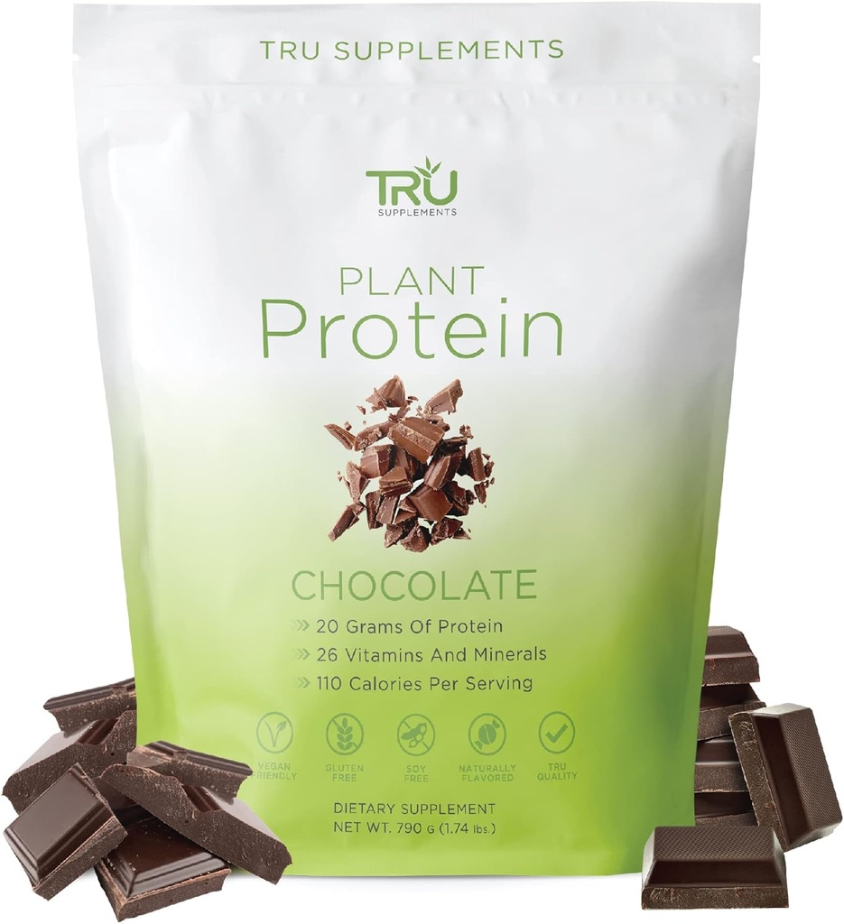 Suppléments TRU Poudre à base de protéines végétales, BCAA, EAA, 20g Riz brun végétalien et protéines de pois, 100 calories, 27 vitamines, pas d'arôme artificiel 25 portions (crème de chocolat naturel)
