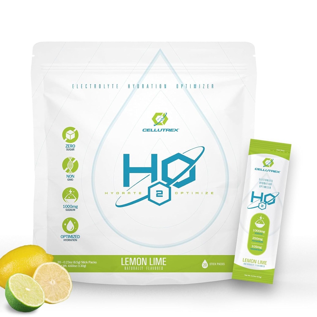 Electrolytes Cellutrex® H2O – Mélange de poudre d'électrolyte, Zéro sucre, Sacs d'hydratation naturelle pour la récupération et le bien-être, Lime citronnée, 20 bâtons
