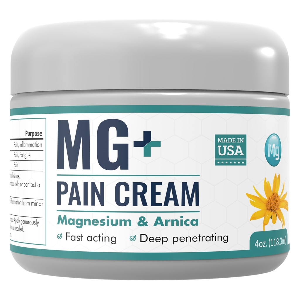 Mars Wellness MG+ Crème de magnésium Relief de douleur - Crème de magnésium et d'arnica extra-forte - Tub 4 OZ - Neuropathie, Douleur musculaire et Crampes des jambes Relief - 1 paquet