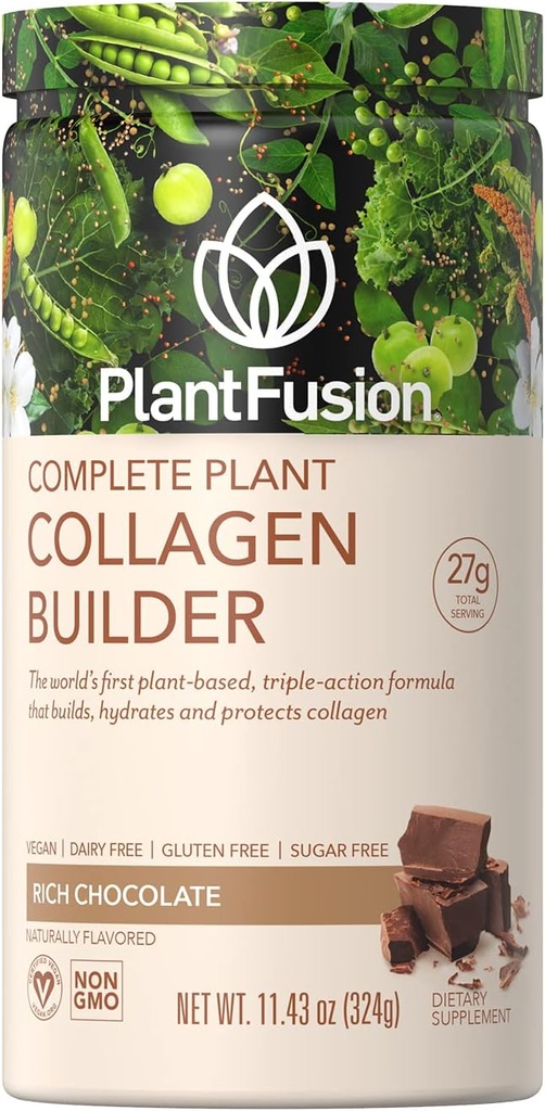 PlantFusion Poudre de collagène végétalien - Poudre de protéine de collagène végétale pour muscles et articulations, cheveux, peau et ongles - Keto, sans gluten, sans soja, sans lait, sans sucre, sans OGM - chocolat 11.43 oz
