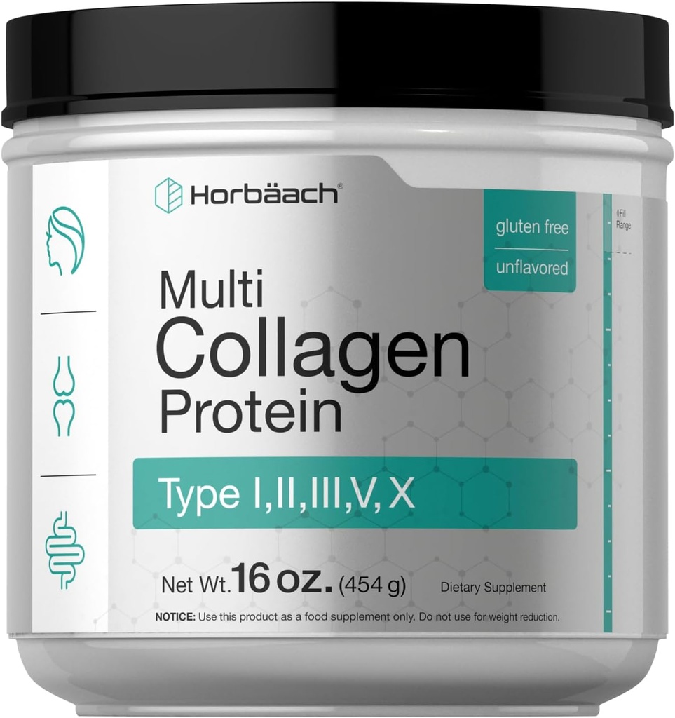 Horbäach Multi Collagen Protein Powder 16 oz | Type I, II, III, V, X | Unflavored | for Men and Women | Non-GMO, Gluten Free Supplement