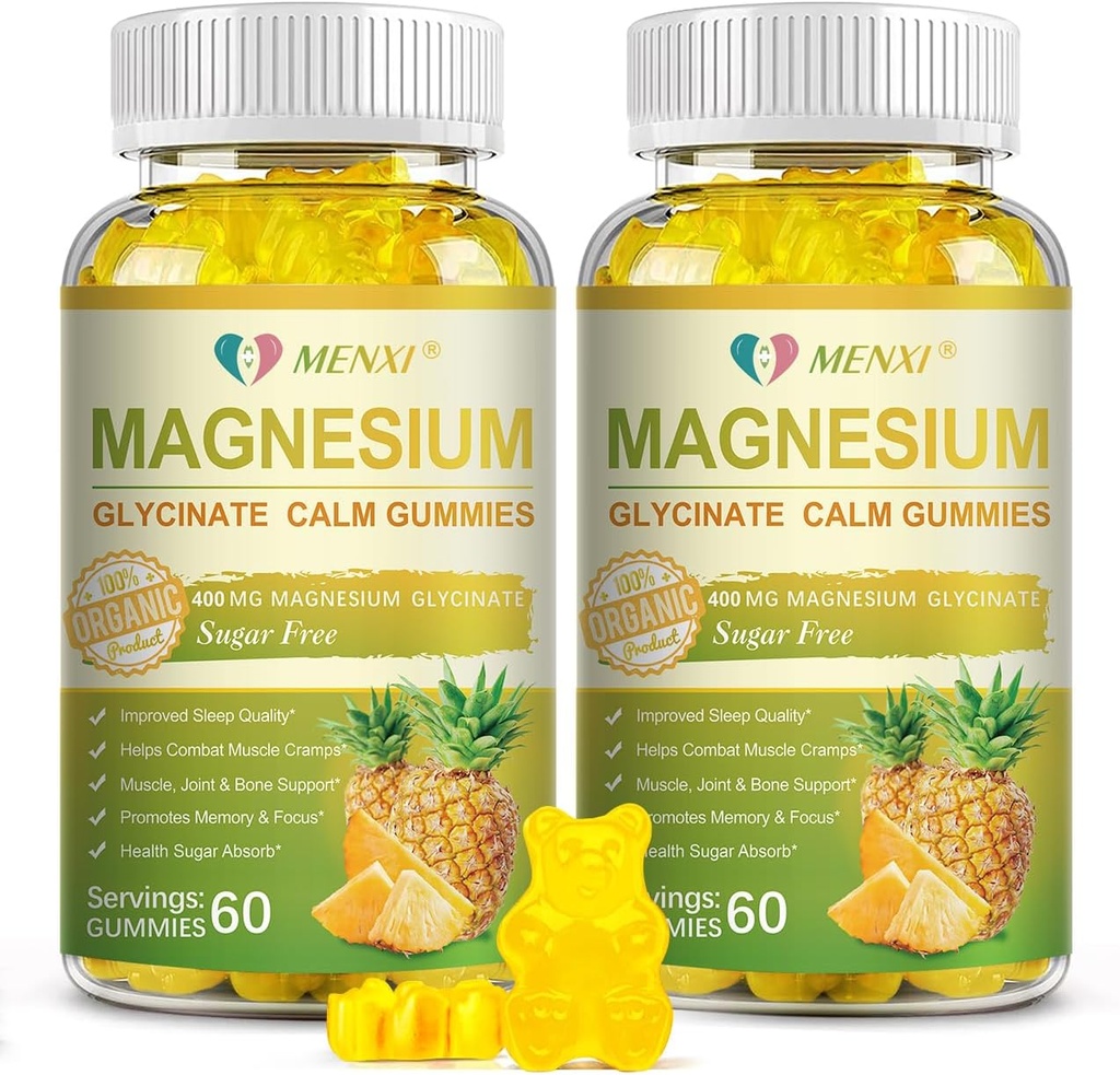 Gommies Glycinées de magnésium 400mg, Taurate de magnésium sans sucre, supplément de malate de magnésium avec vitamine D, B6, CoQ10 pour la relaxation, le soulagement du stress, le muscle, les os et le sommeil-120 Gommies ananas