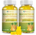Gommies Glycinées de magnésium 400mg, Taurate de magnésium sans sucre, supplément de malate de magnésium avec vitamine D, B6, CoQ10 pour la relaxation, le soulagement du stress, le muscle, les os et le sommeil-120 Gommies ananas