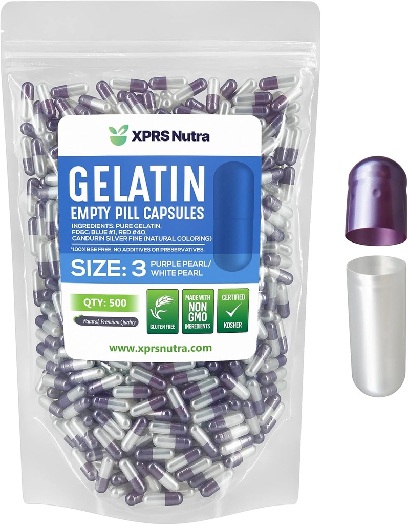 XPRS Nutra Taille 3 Capsules vides - 500 Compte Capsules de gélatine vides - Pilules Bricolage Capsule Remplissage - Gel de pilules pures Bovines Caps remplissables Do-It-Youlf Vitamines et suppléments (Pearl Purple/White)