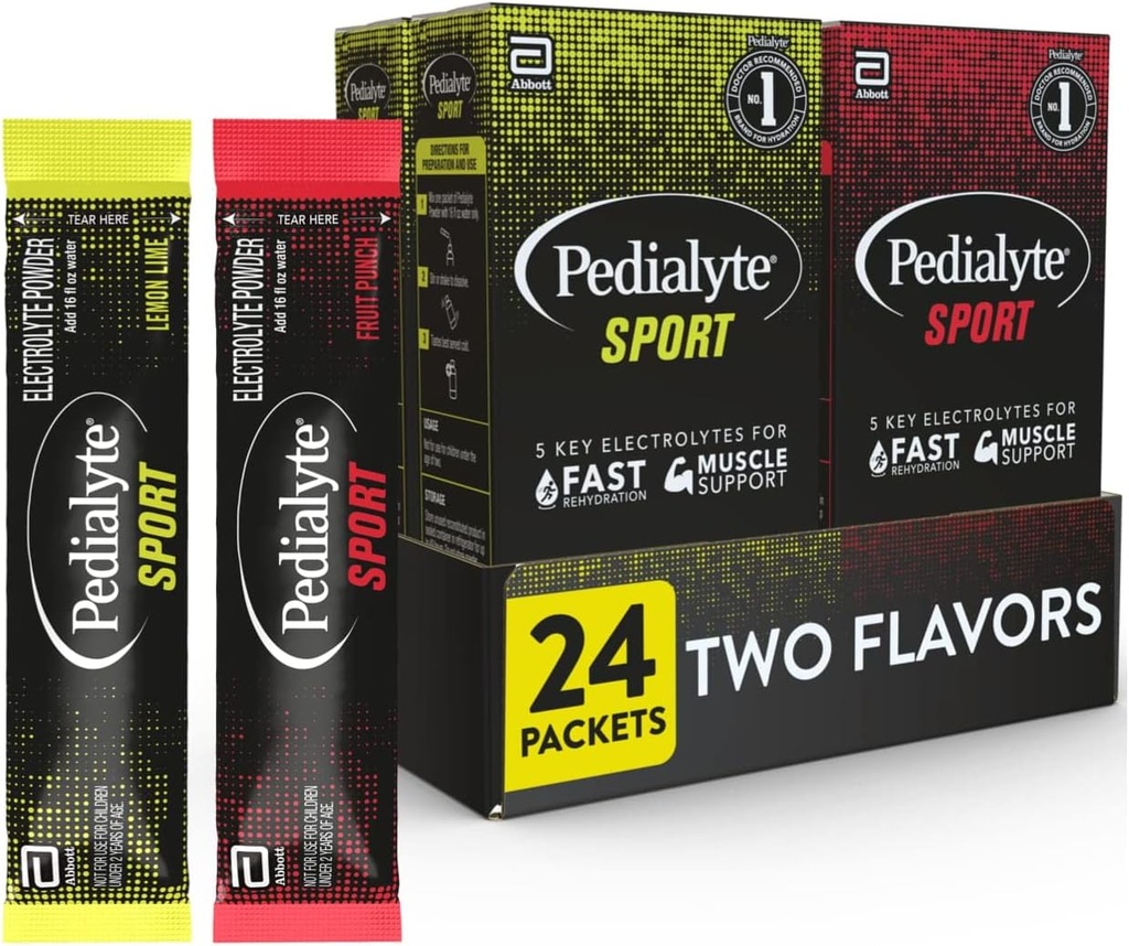 Pedialyte Sport Poudre d'électrolyte, Hydratation rapide avec 5 électrolytes clés pour le soutien musculaire avant, pendant et après l'exercice, 12 citron Lime et 12 fruits Punch, 0.49-oz Packets (24 comte)