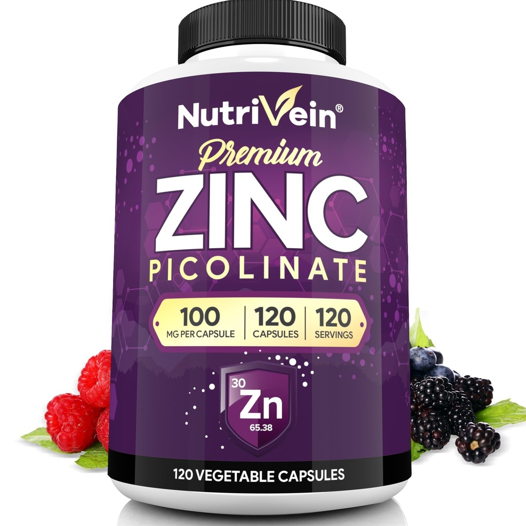 Nutrivein Premium Picolinate de zinc 100mg - 120 Capsules pour Adultes: Suppléments de picolinate de zinc à haute absorption - Nourriture essentielle pour le bien-être général - Biodisponibilité maximale