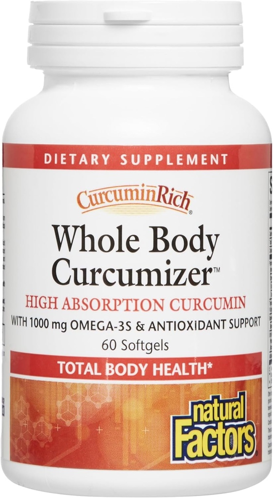 CurcuminRich Curcumizer corps entier par des facteurs naturels, soutient un cœur en santé, articulations, cerveau et réponse inflammatoire avec Omega-3 EPA et DHA, 60 softgels (30 portions)