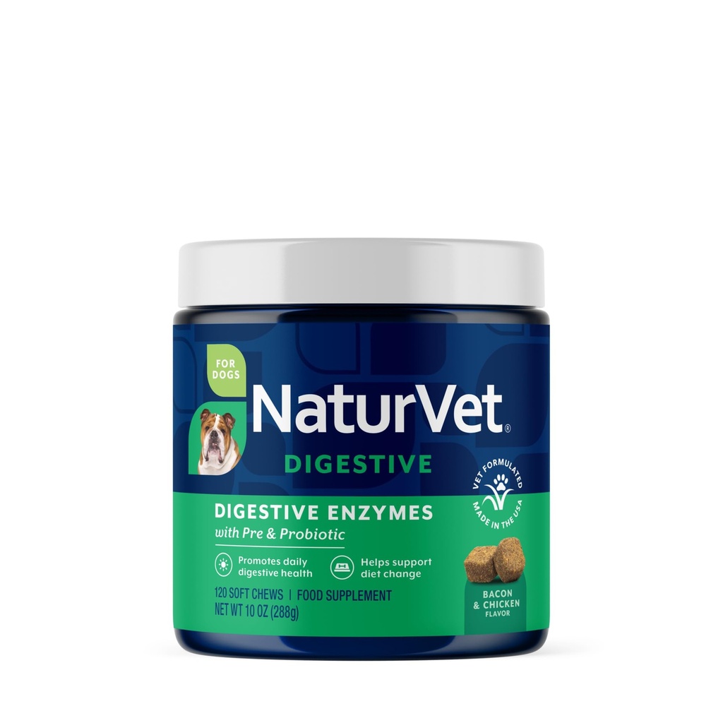 NaturVet – Enzymes digestifs - Plus probiotiques et prébiotiques – aide à soutenir le changement de régime alimentaire et un piège digestif sain – pour les chiens et les chats (Soft Chews, 120 comte)