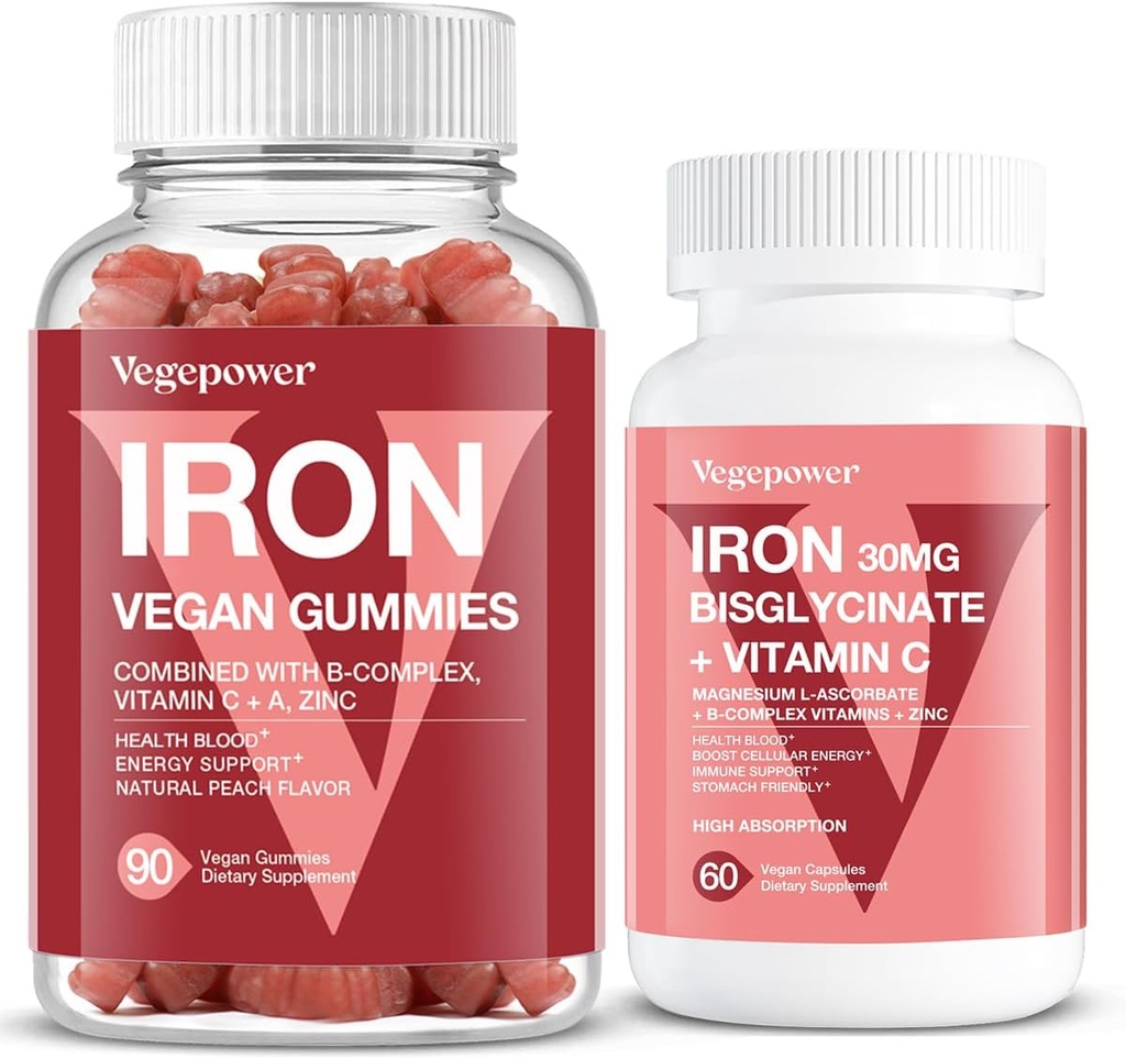 Vegan Iron Gummies + Iron Bisglycinate 30MG | Vegan Iron Supplement Support for Blood Healthy & Daily Energy for Adults & Kids - 90 Count+60 Count