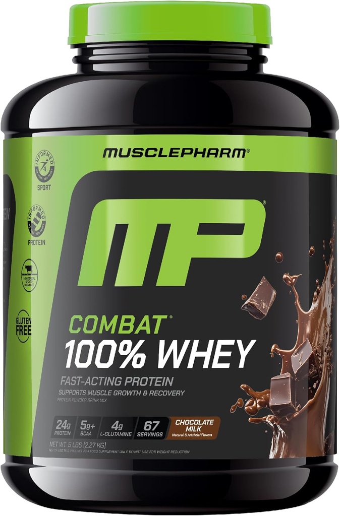 MusclePharm Combat 100% poudre de protéines de lactosérum, lait de chocolat, récupération rapide et gain musculaire avec lactosérum, poudre de protéines haute pour les femmes et les hommes, sans gluten, 5lb, 67 portions
