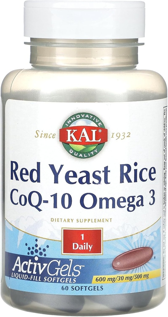 KAL Riz de levure rouge, CoQ-10, Oméga 3, 60 Softgels