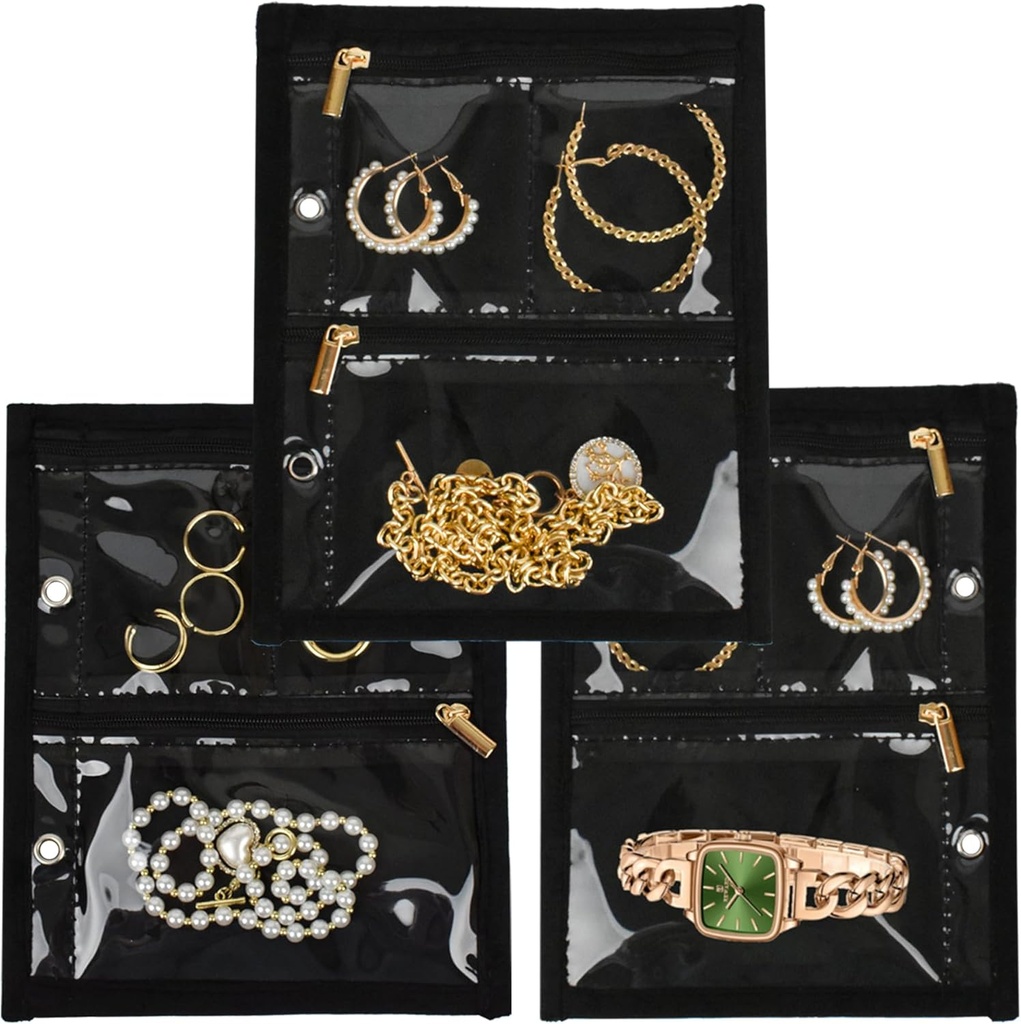 Bijoux de voyage Housse d'organisateur, Sacs à bijoux Binder de stockage de bijoux avec fermeture à glissière claire Poche de velours pour voyager, Boucles d'oreilles, Anneaux, Collier, Bracelet (Pages intérieures, 3 PCS)
