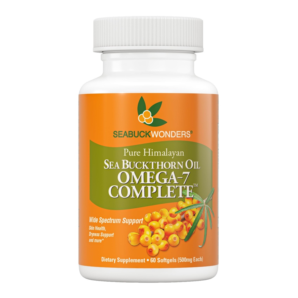 SEABUCKWONDERS Huile de Buckthorn de mer biologique, Omega-7 Softgels complets, 60 Compte, avec Omega 3, 6 et 9, soutient la santé des cheveux, de la peau et des ongles, 1000mg par service