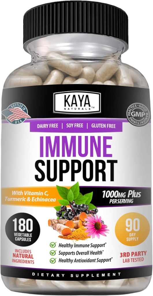 Kaya Naturals Immune Support avec du zinc et de la vitamine C pour les adultes, probiotiques et crème de 1000mg Immune System Booster Sambucus Elderberry Capsules - 180 Compte
