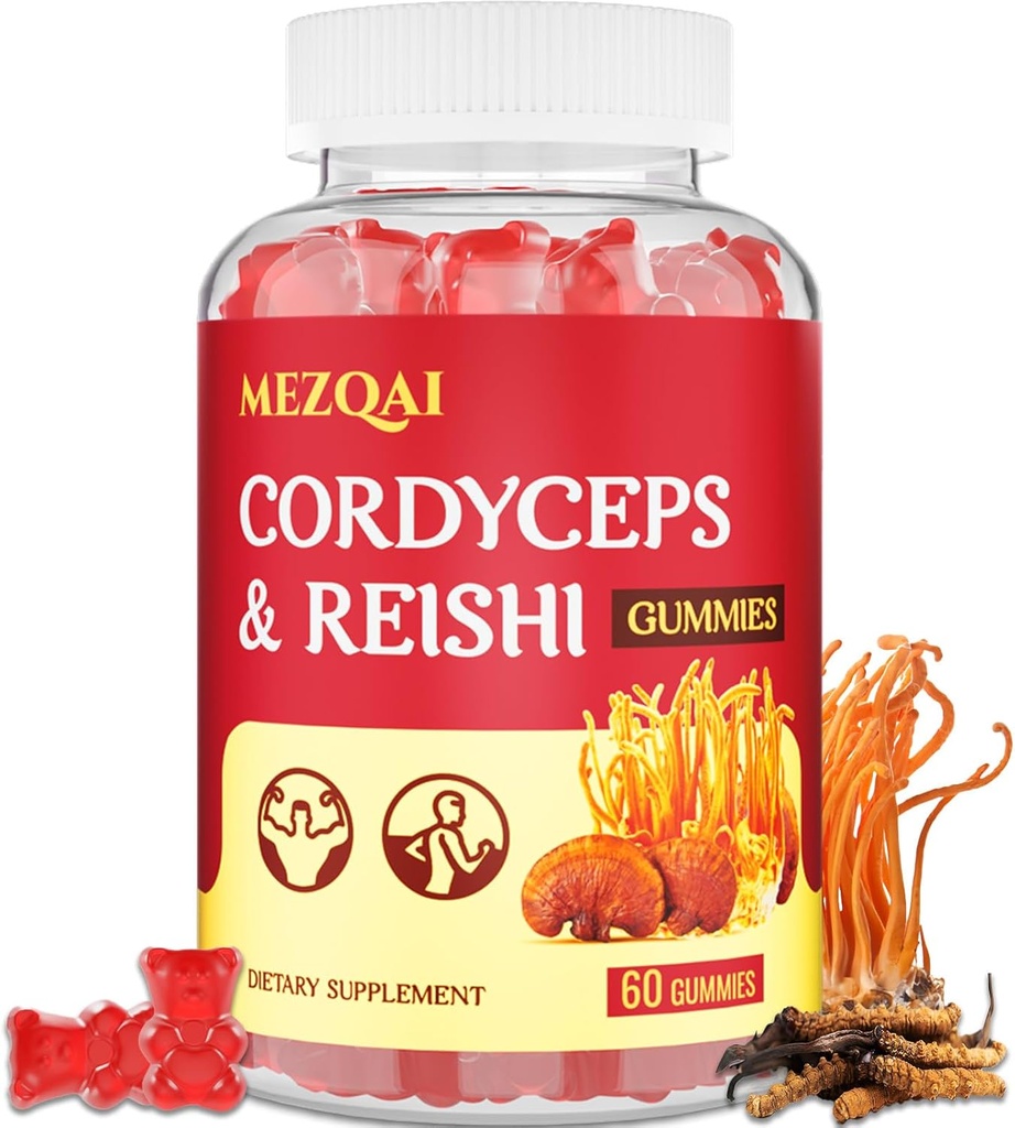 Gummies de champignons, Cordyceps Reishi Supplément de champignons Gummies pour adultes avec extrait de thé vert, Suppléments Cerveau pour mémoire et focus, énergie, performance sportive*, repos - 60 comtes