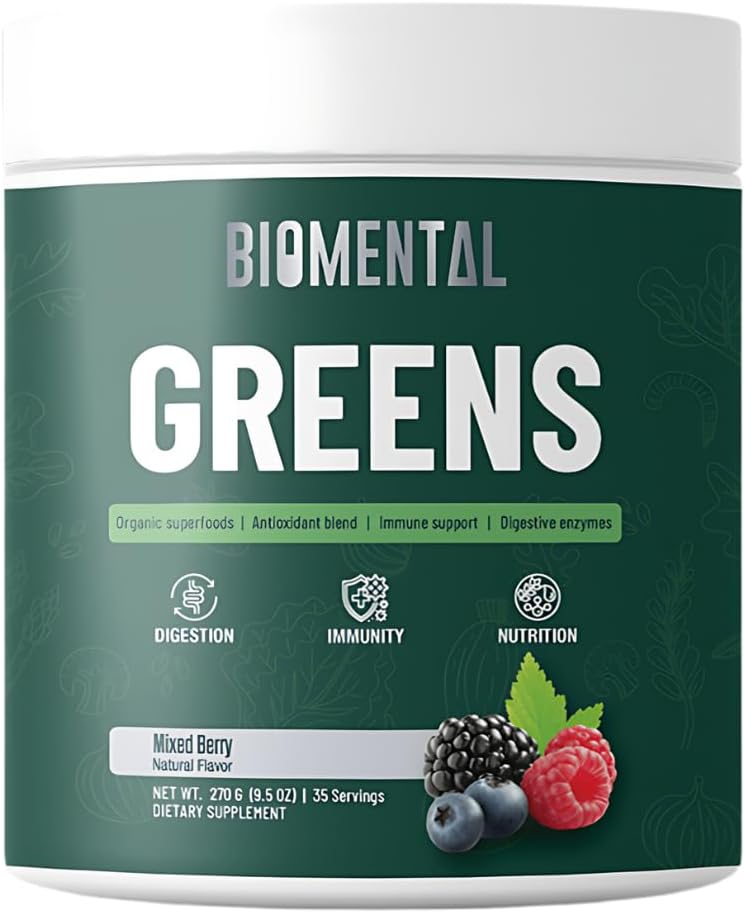 Supplément vert biomental - Berries-Détox - Santé digestive, Mélange antioxydant, Poudre de vert - Supplément nutritionnel de soutien aux immunones vertes premium - Soutien gut pour les hommes et les femmes 9,5 oz