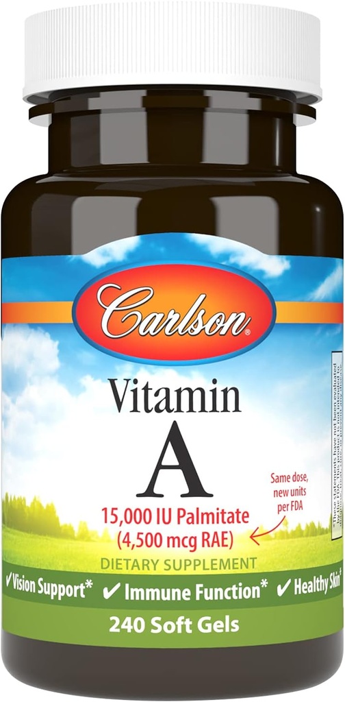 Carlson - Vitamine A, 15000 UI Palmitate (4500 mcg RAE), Vision santé, peau saine, 240 softgels