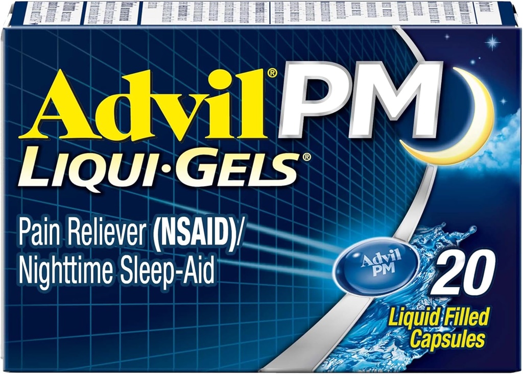 Advil PM Liqui-Gels Pain Reliever and Nighttime Sleep Aid, Pain Medicine with Ibuprofen for Pain Relief and Diphenhydramine HCL for a Sleep Aid - 20 Liquid Filled Capsules - Back to College