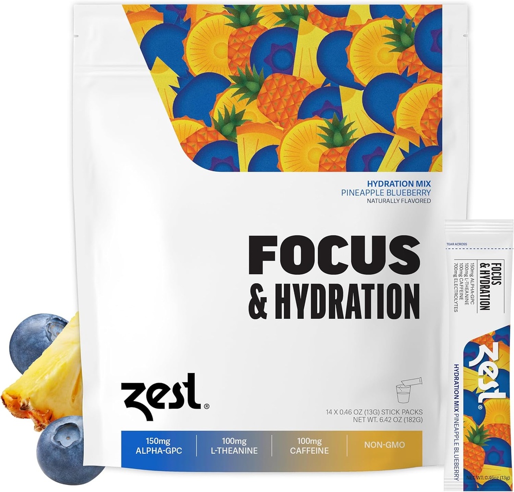 Zest Focus & Productivity Energy Drink – Pineapple Blueberry Clean Energy Powder Packets with 100 mg Caffeine, L-Theanine & 150 mg Alpha GPC Nootropics – Low Sugar Electrolytes for Memory – 14 Sticks