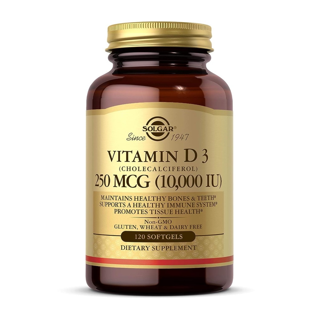 Solgar Vitamine D3 (Cholecalciferol) 250 MCG (10 000 UI), 120 Softgels - Aide à maintenir des os et des dents sains - Soutien du système immunitaire - Non OGM, sans gluten/ sans lait - 120 portions