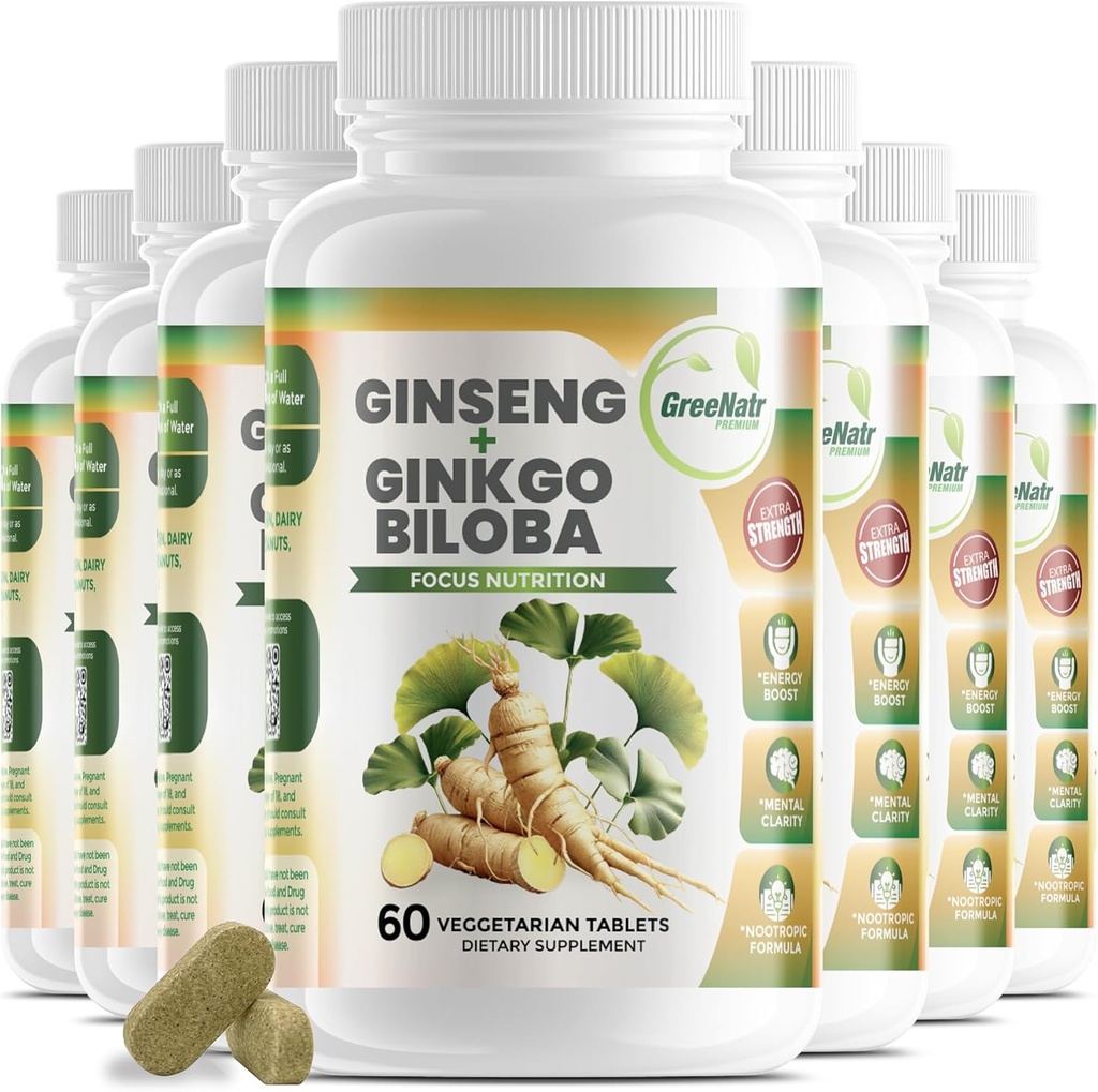 GreeNatr Ginko Biloba & Panax Supplément Ginseng - Supplément Cerveau Ginseng Rouge pour Mémoire et Focus - Ginkgo Biloba Suppléments pour une bonne vision, système immunitaire et amélioration du flux sanguin - 12 bouteilles